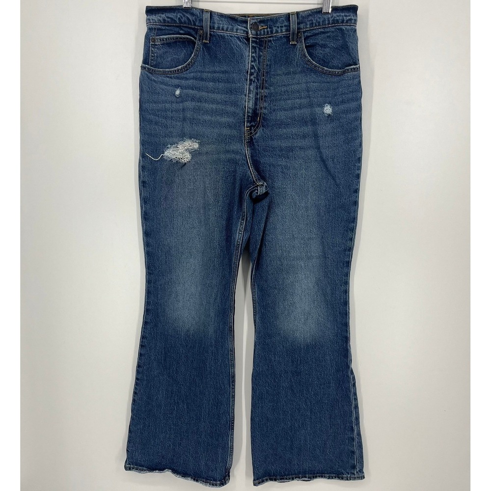 Levis Premium 70s High Flare Jeans‎ Womens 32 Blue Distressed Denim